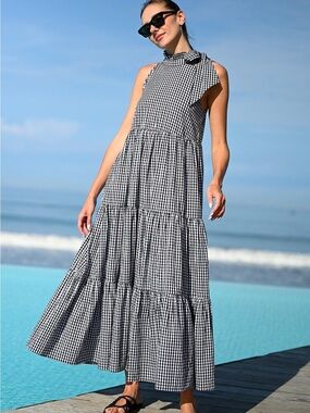 Wyatt Wylde Helena Gingham Halter Maxi Dress Size Medium